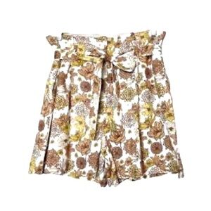 C&C CALIFORNIA,WOMENS,LINEN BLEND SHORTS.BROWN FLORAL,PAPER BAG HIGHWAIST.SIZE 2